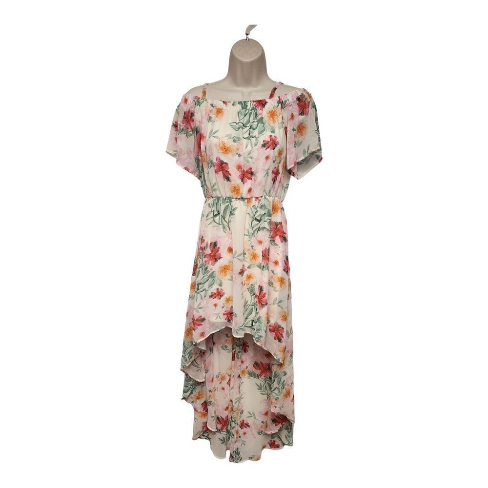AUW Womans White Pink Floral High Low Off Shoulder Maxi Dress Size Small